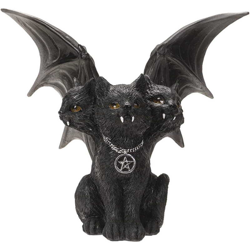 Creative Halloween Decoration Black Evil Bat Wings Three Headed Cat Handmade 3D Resin Craft Decoration