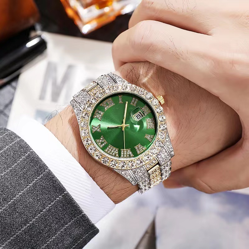 Wholesale China Luxury Custom Steel Band Fully Diamonds Calendar Quartz Watch For Men