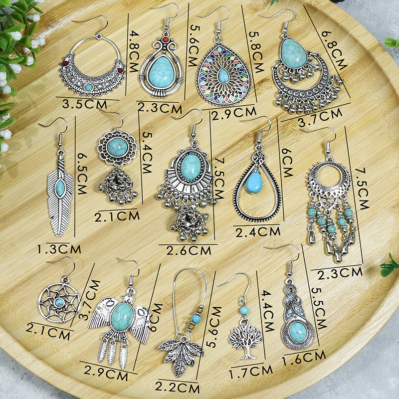 Western Jewelry Wholesale Bohemian Vintage Antique Silver Alloy Turquoise Beads Tassels Long Earrings For Women