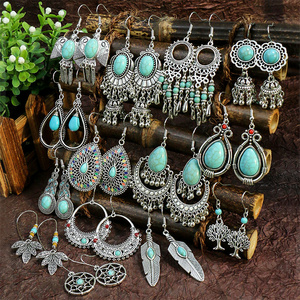 Western Jewelry Wholesale Bohemian Vintage Antique Silver Alloy Turquoise Beads Tassels Long Earrings For Women