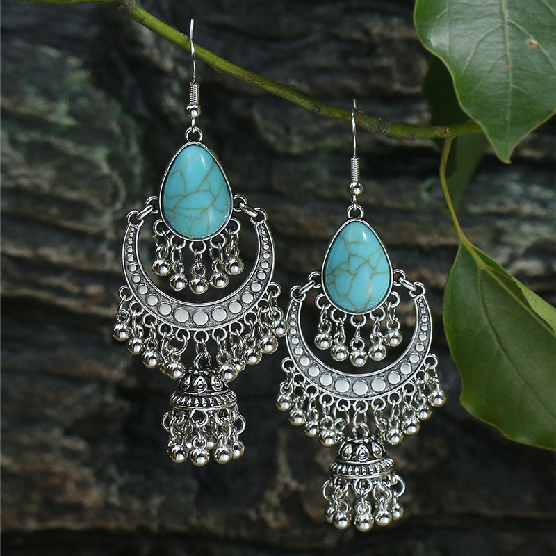 Western Jewelry Wholesale Bohemian Vintage Antique Silver Alloy Turquoise Beads Tassels Long Earrings For Women