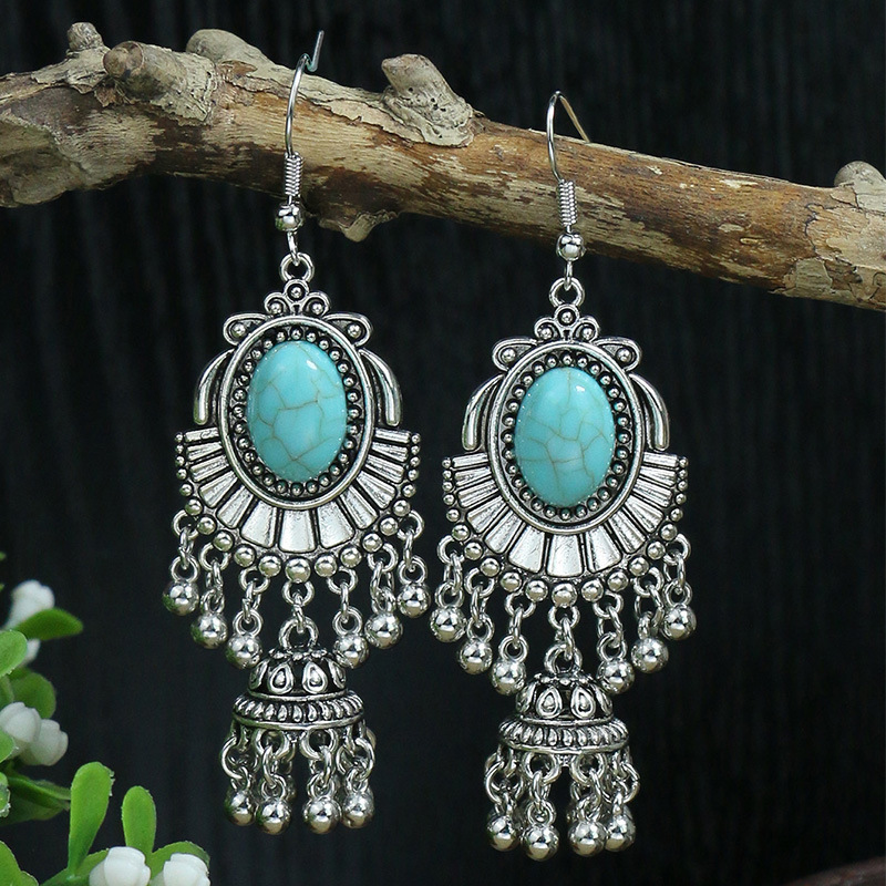 Western Jewelry Wholesale Bohemian Vintage Antique Silver Alloy Turquoise Beads Tassels Long Earrings For Women