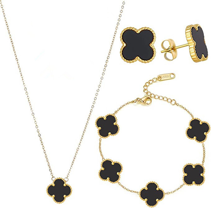 18k gold plated stainless steel Four-leaf Clover necklace bracelet ear studs three-piece four leaf clover jewelry set