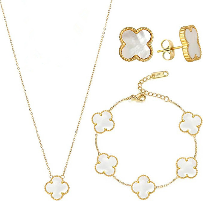 18k gold plated stainless steel Four-leaf Clover necklace bracelet ear studs three-piece four leaf clover jewelry set