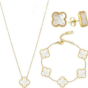 18k gold plated stainless steel Four-leaf Clover necklace bracelet ear studs three-piece four leaf clover jewelry set