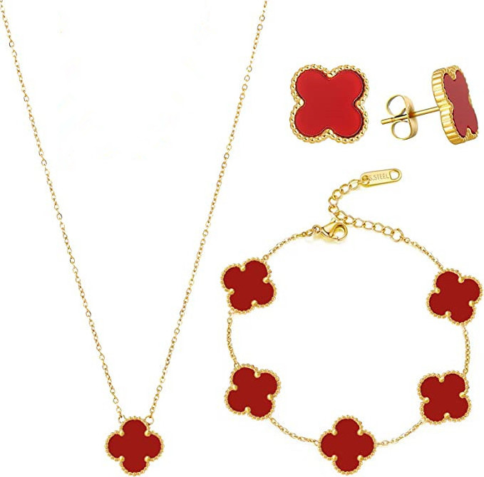 18k gold plated stainless steel Four-leaf Clover necklace bracelet ear studs three-piece four leaf clover jewelry set