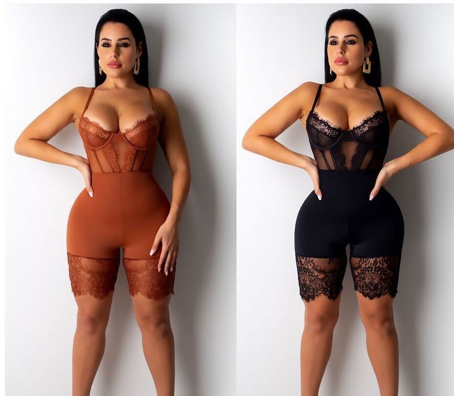 2021  Halter Lace Jumpsuits Women Sexy Lingerie One Piece Bodysuit Club Party Wear