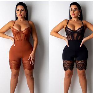 2021  Halter Lace Jumpsuits Women Sexy Lingerie One Piece Bodysuit Club Party Wear