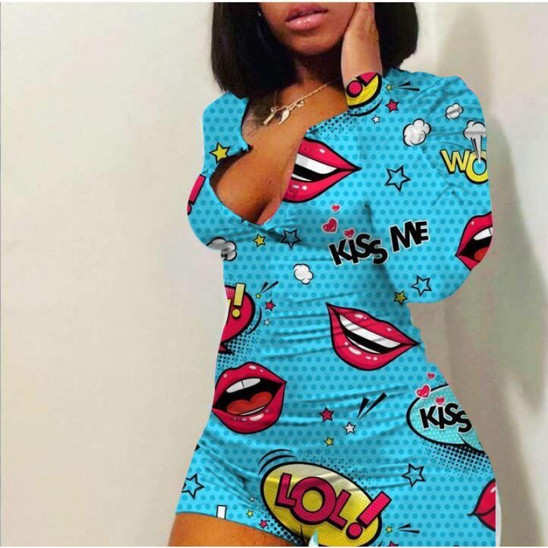 Stretchy Button Printed Cheap Clothes Short Sleeve Cartoon Onesie Women One Piece Valentines day Jumpsuit