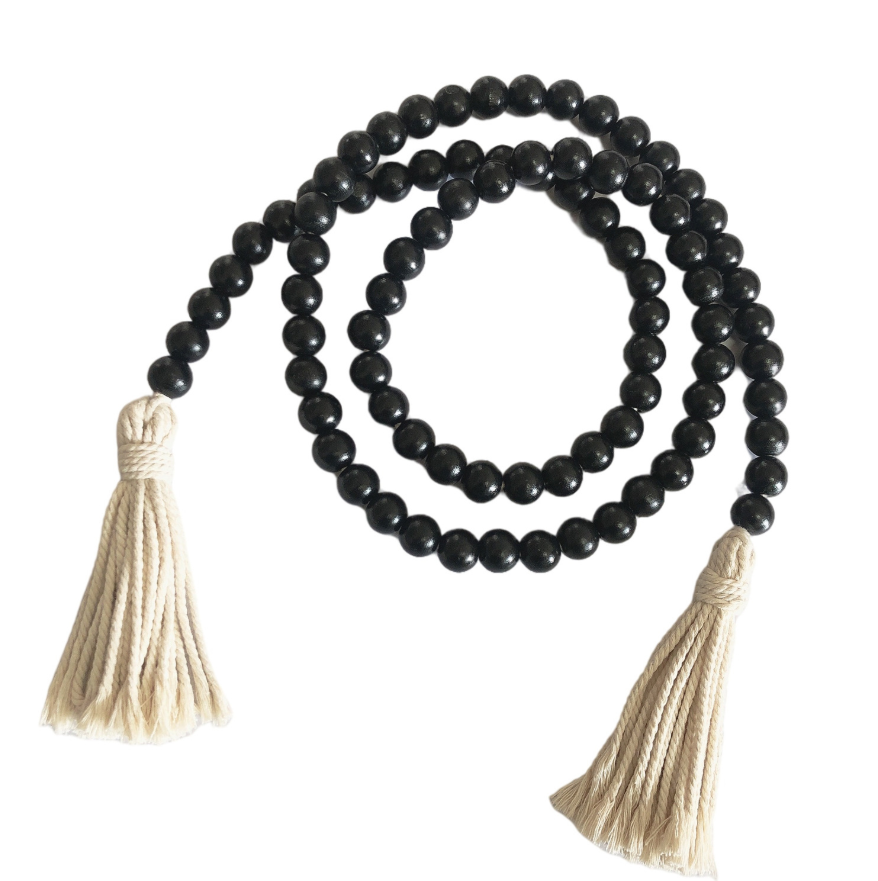 Farmhouse Wood Bead Garland Rustic Black White Grey Wooden Bead Jute Rope Tassel Home Decor