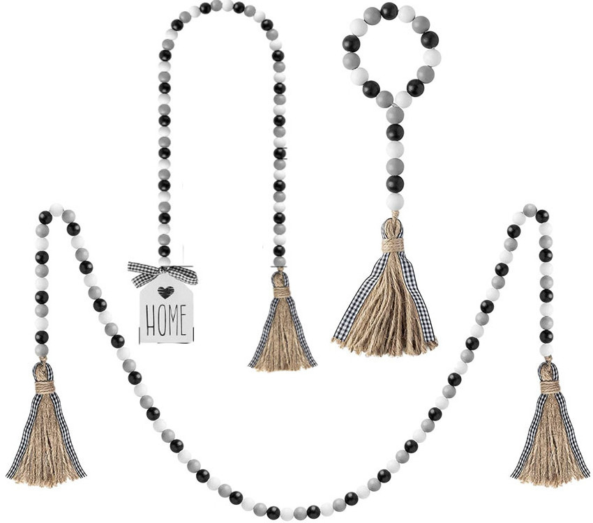 Farmhouse Wood Bead Garland Rustic Black White Grey Wooden Bead Jute Rope Tassel Home Decor