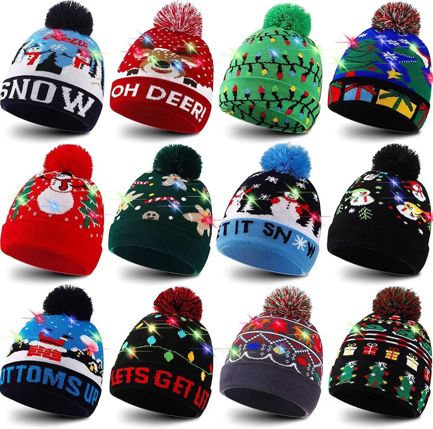 Hot-selling LED Light-Up 3 Flash Full Acrylic Knitted Hat Unisex Warm Winter Christmas Beanies for Adults Kids Style Plush