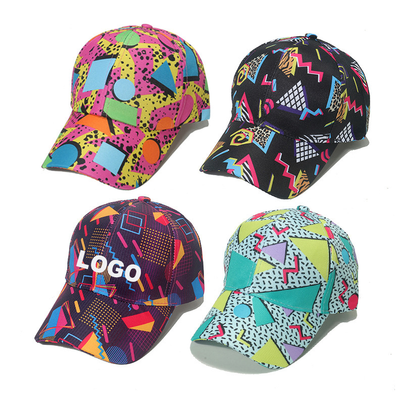 Custom Embroidered Logo Geometric Graffiti Print Baseball vintage Hip hop Adjustable sports  cap