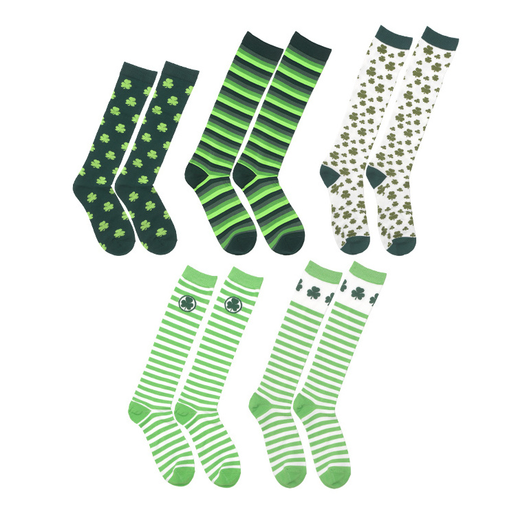 Fashion St. Patricks Day Shamrock Clovers Stripes Cotton Polyester Socks Stockings for Carnival Party