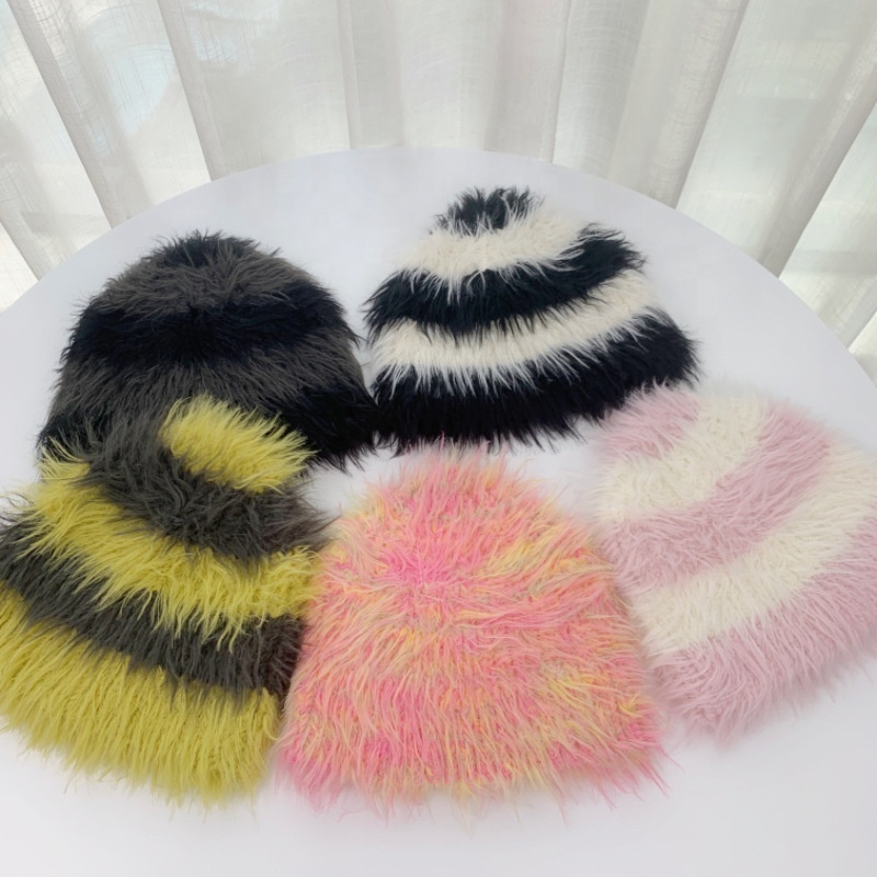 New Arrivals Unisex High Quality Acrylic Beanie Hat Women's Winter Imitation Mink Plush Mohair Striped Beanie