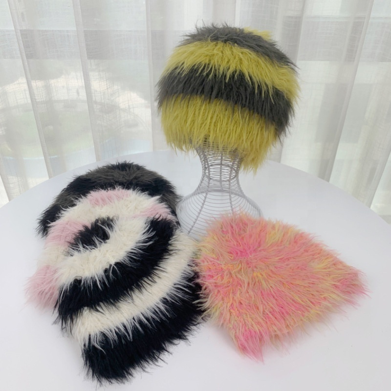 New Arrivals Unisex High Quality Acrylic Beanie Hat Women's Winter Imitation Mink Plush Mohair Striped Beanie