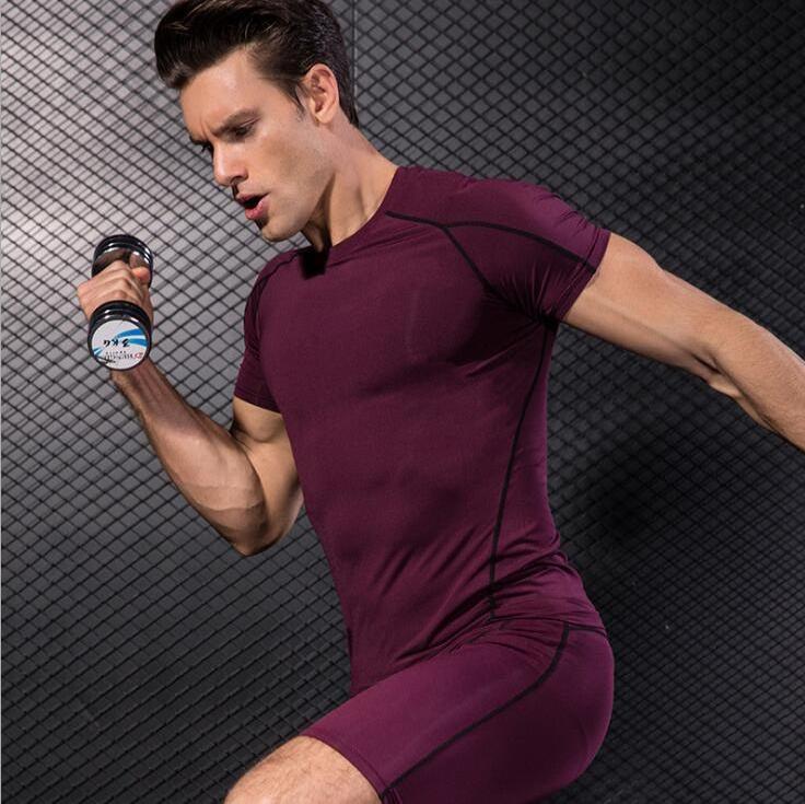 Men Fitness Sports Clothing Quick Dry Athletic Bodybuilding Gym Running T Shirts Tight Fitting Tee Slim Compression Shirt