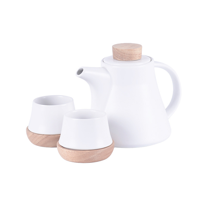 Customized Nordic Ceramic Tea set with Wood Japanese Tea Set with Oak Cup Holder One Pot and Four Cups