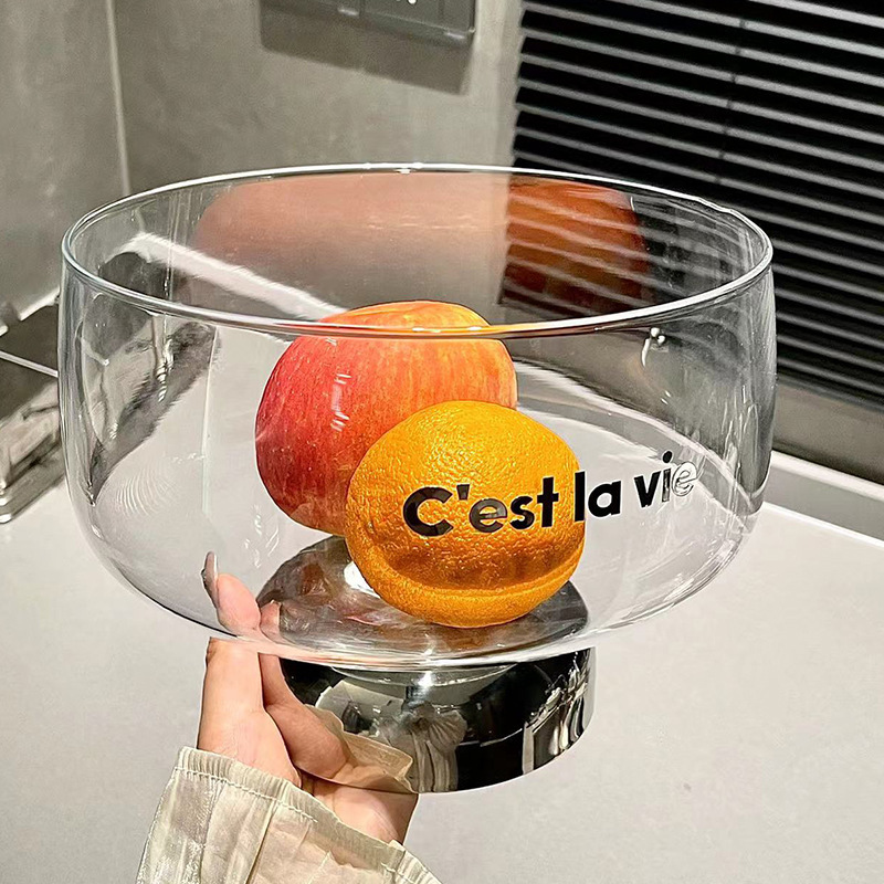 Light luxury fruit plate high value transparent glass fruit plate large capacity tall plate wholesale