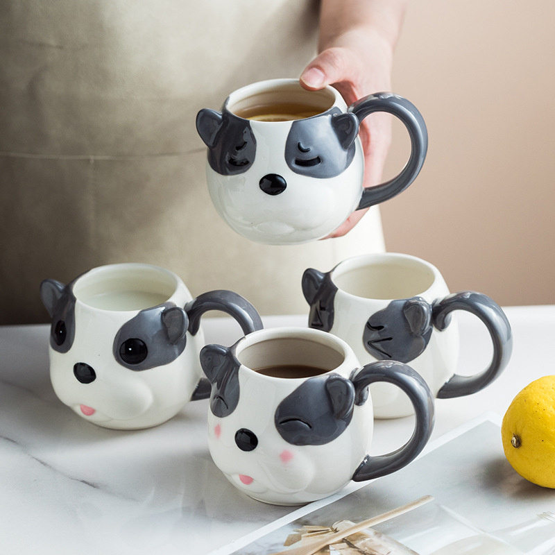 Cute hand painting embossed dog shape animal milk coffee tea ceramic 3d mug