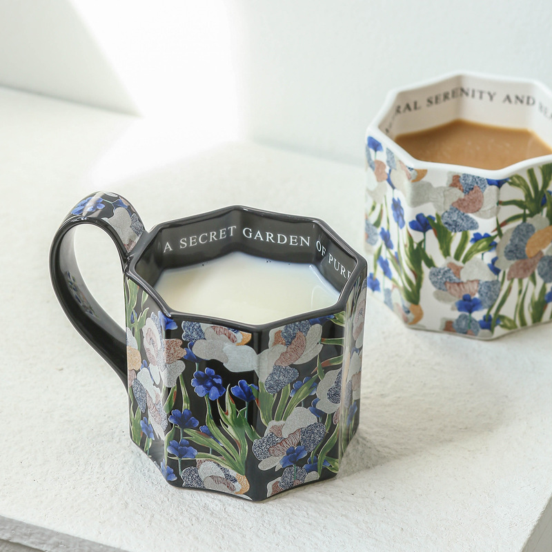 New arrival creative garden series oil painting octagonal ceramic mug ins retro coffee mug