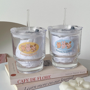 Korean Ins style glass straw cup cartoon animal pattern convenient water cup