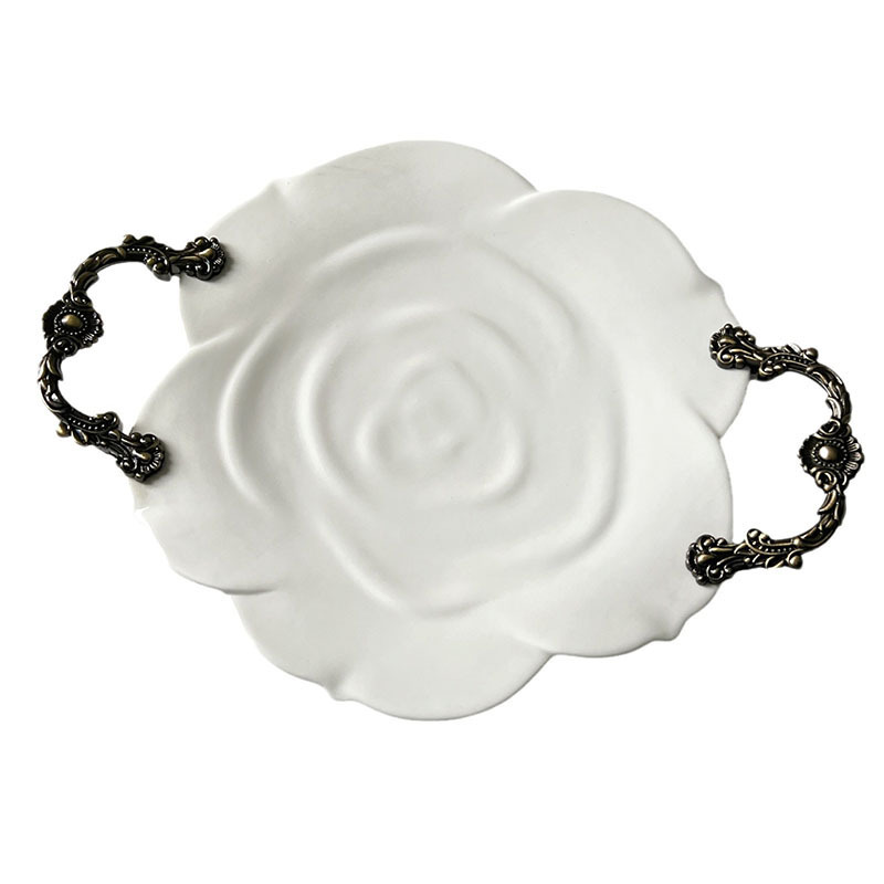 French vintage rose ceramic tray embossed metal handle tray ceramic light luxury storage tray