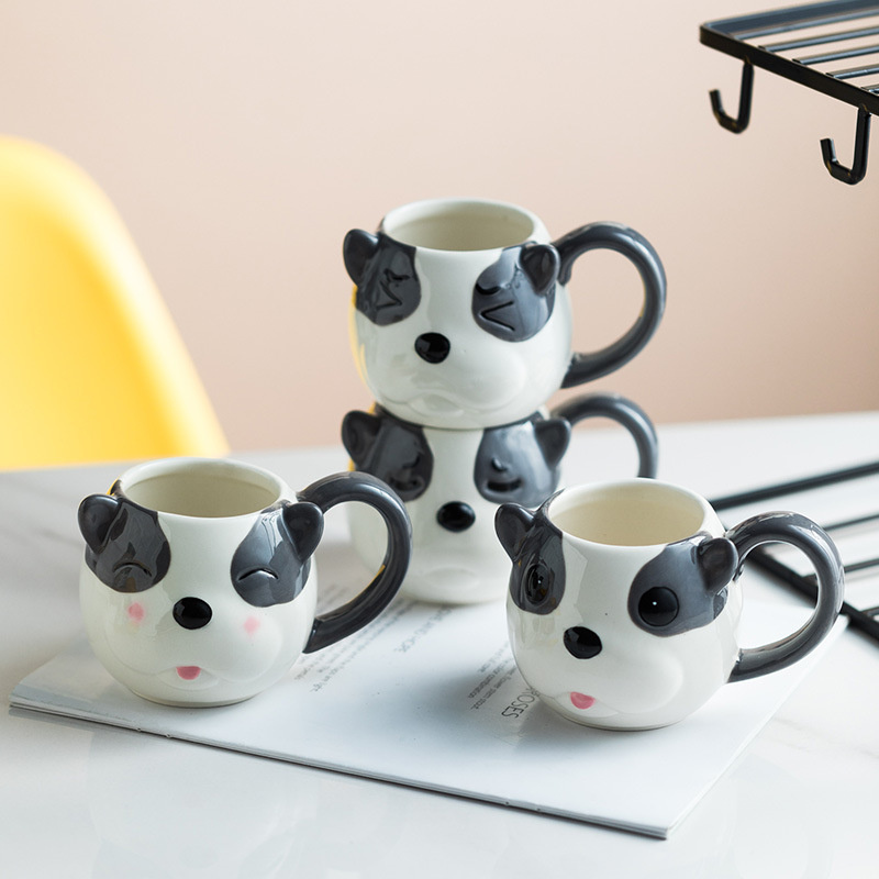 Cute hand painting embossed dog shape animal milk coffee tea ceramic 3d mug