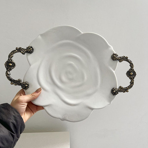 French vintage rose ceramic tray embossed metal handle tray ceramic light luxury storage tray