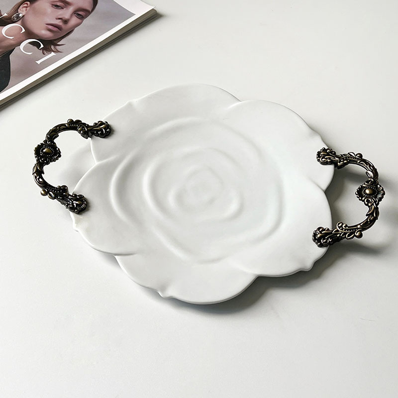 French vintage rose ceramic tray embossed metal handle tray ceramic light luxury storage tray