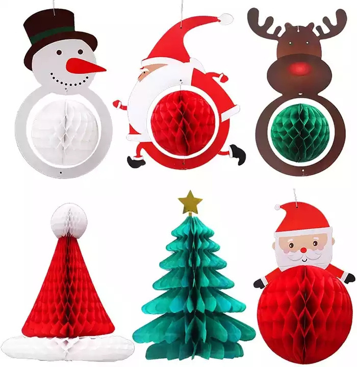 Christmas Decorations 6PCS 3D Christmas Tree Honeycomb Paper Lantern Set New Year's Eve Party Decor