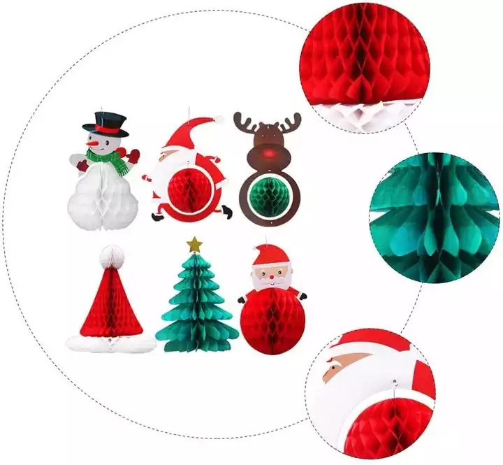 Christmas Decorations 6PCS 3D Christmas Tree Honeycomb Paper Lantern Set New Year's Eve Party Decor