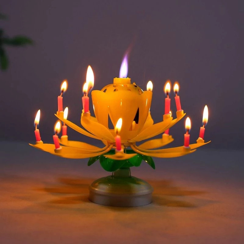 Innovative Party Cake Candle Musical Rotating Lotus Flower Candle Light Happy Birthday DIY Cake Decoration Wedding Party Gifts