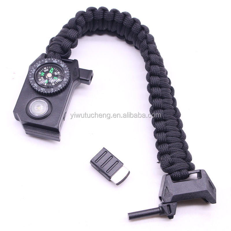 LED light paracord survival bracelet with compass knife whistle flint fire starter outdoor emergency rope rescue bracelet kit