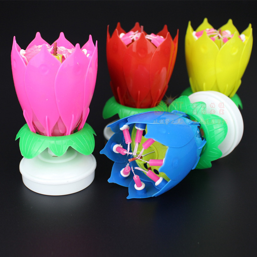 Innovative Party Cake Candle Musical Rotating Lotus Flower Candle Light Happy Birthday DIY Cake Decoration Wedding Party Gifts