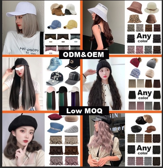 wholesale high quality custom hat wig cap hair synthetic bob short straight curly baseball hat black wig caps wholesale