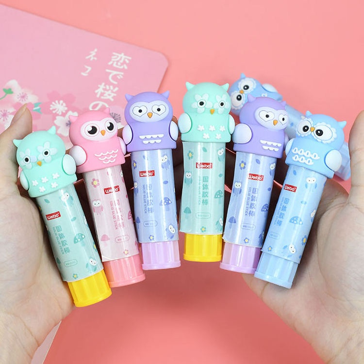 Weibo Customized Cute Cartoon Owl Headgear Glue Stick High Adhesion Solid Adhesive Glue Stick Children Stationery Glue Set