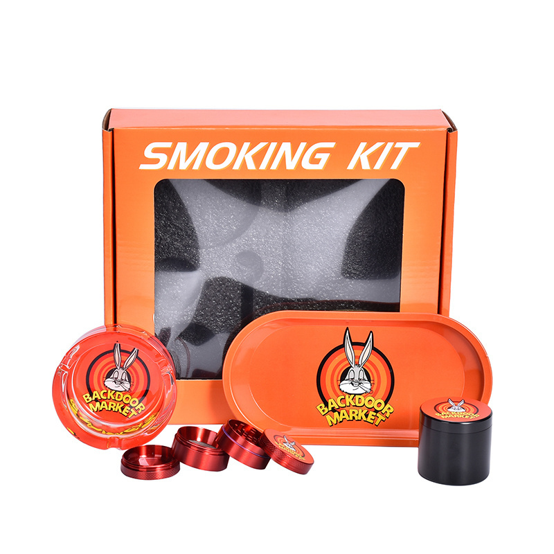 WOWO TECH Custom LOGO Smoking Accessories 5 in 1 Set Metal Rollings Tray Jar Herb Grinder Glass Ashtray Combo Kit