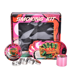 WOWO TECH Custom LOGO Smoking Accessories 5 in 1 Set Metal Rollings Tray Jar Herb Grinder Glass Ashtray Combo Kit