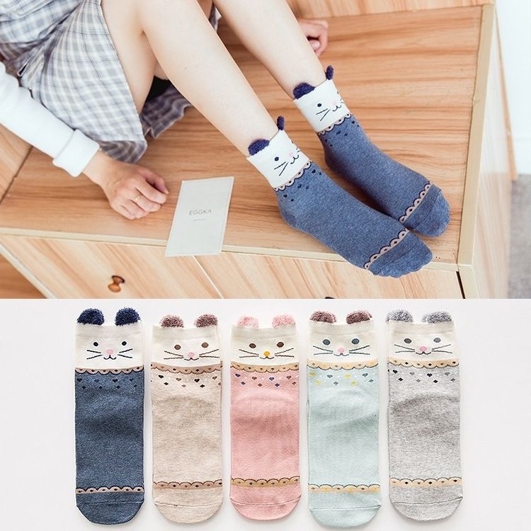 Autumn and winter new three-dimensional cartoon animal mid-calf cute feather yarn polyester socks for women