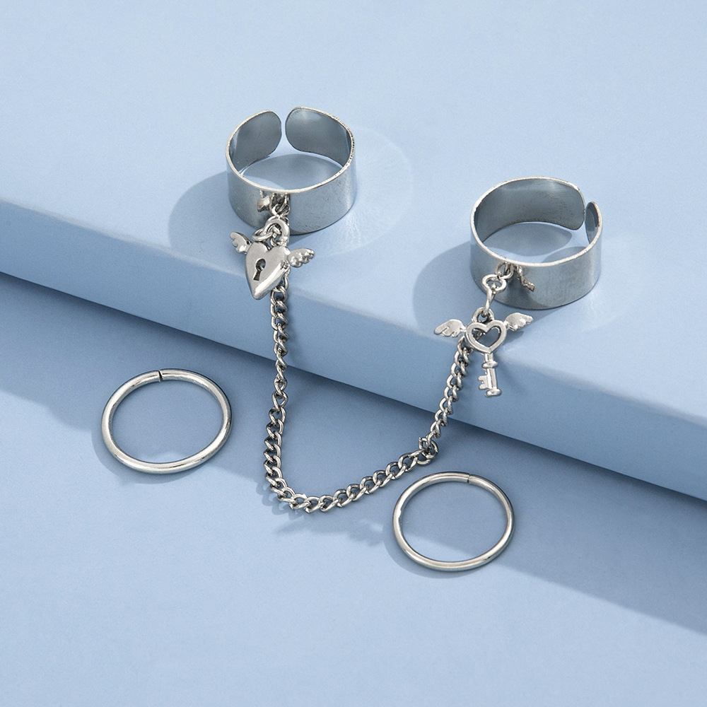 Fashion Creative Design Love Key Lock Ring Chain Simple Plain Ring