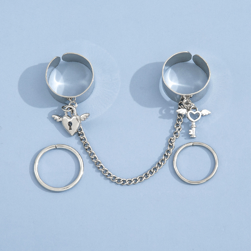 Fashion Creative Design Love Key Lock Ring Chain Simple Plain Ring