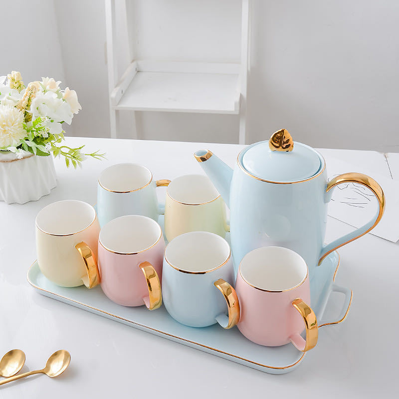 Luxury 6pcs Porcelain Coffee Tea Set With Gold Decor Ceramic Tea Pot And Cup Set