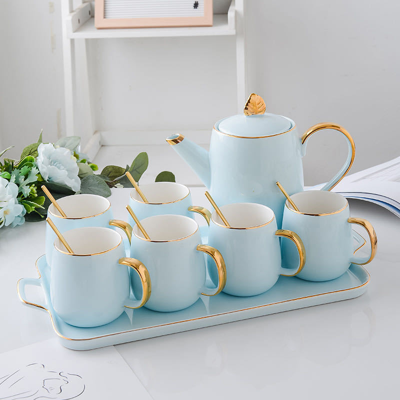 Luxury 6pcs Porcelain Coffee Tea Set With Gold Decor Ceramic Tea Pot And Cup Set