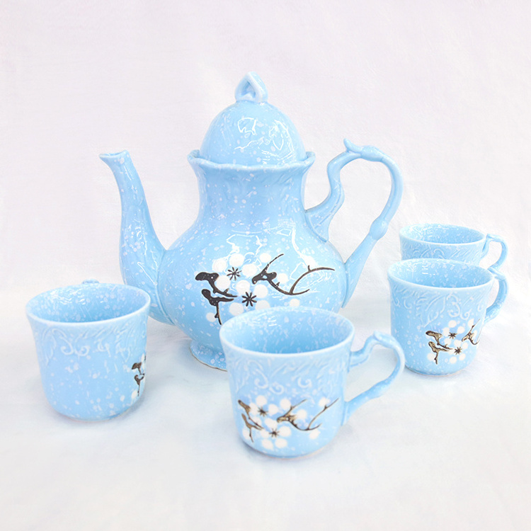 New Design Blue Glazed 6Pcs New Bone China Tea Coffee Set With Teapot