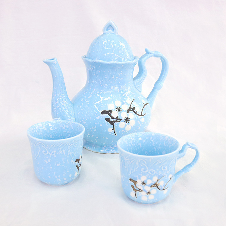 New Design Blue Glazed 6Pcs New Bone China Tea Coffee Set With Teapot