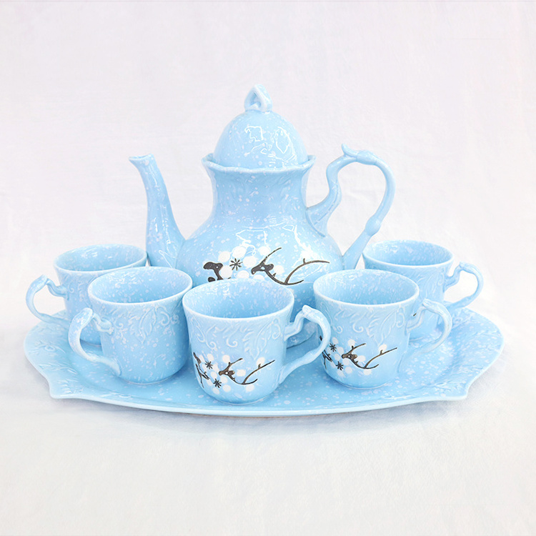 New Design Blue Glazed 6Pcs New Bone China Tea Coffee Set With Teapot