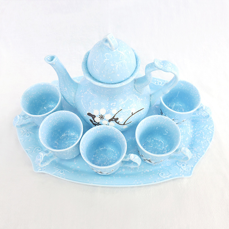 New Design Blue Glazed 6Pcs New Bone China Tea Coffee Set With Teapot