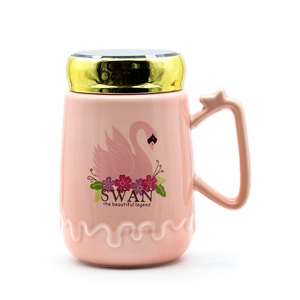 Cute Cartoon Swan Simple Style Ceramic Cup With Lid And Spoon Custom Designed Couple Ceramic Cup