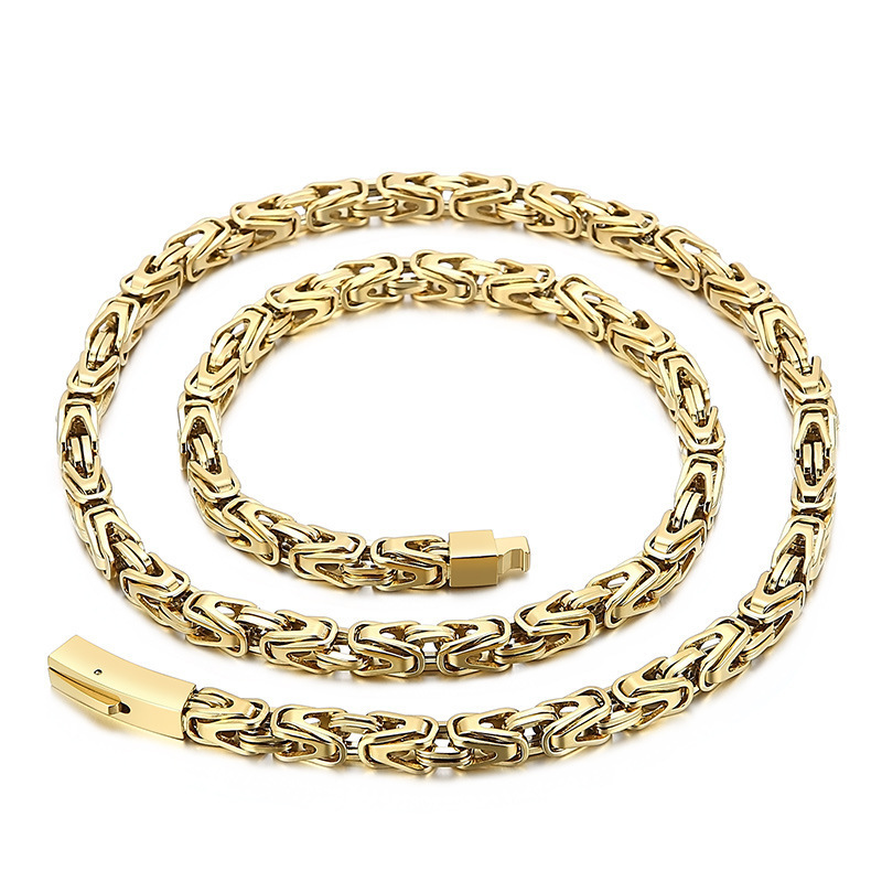 XISHUO Customized 6mm Stainless Steel 18k Gold Classical Byzantine King Chain Necklace for Men